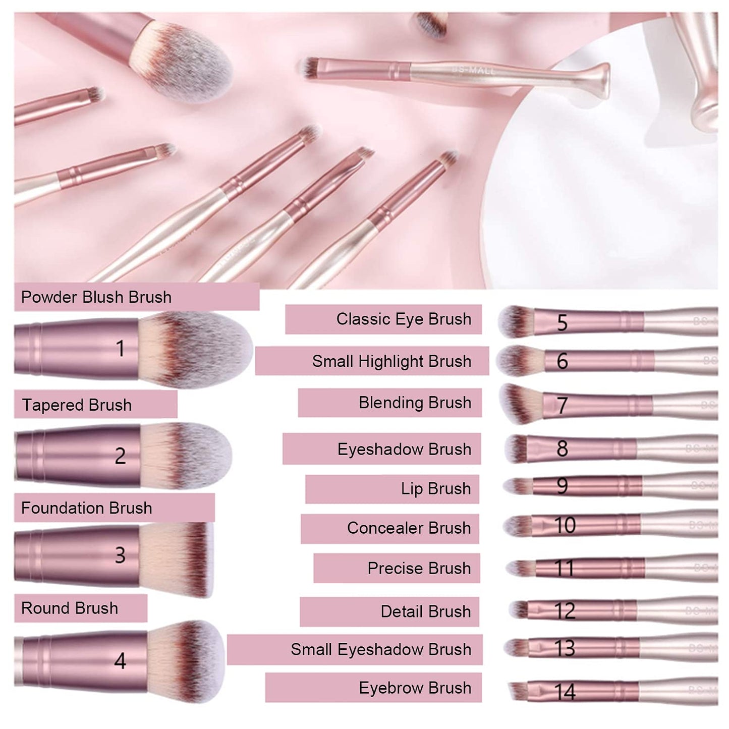 14-piece brush set, with makeup sponge and cleanser