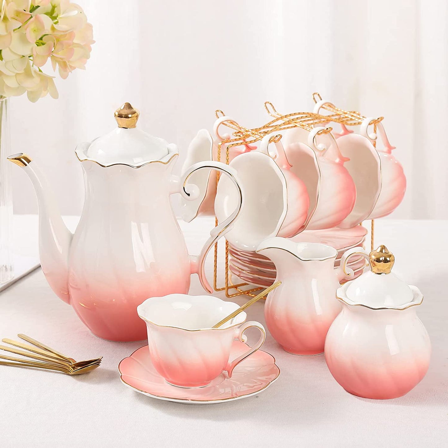 22-piece porcelain tea set (with stand) - gradient pink