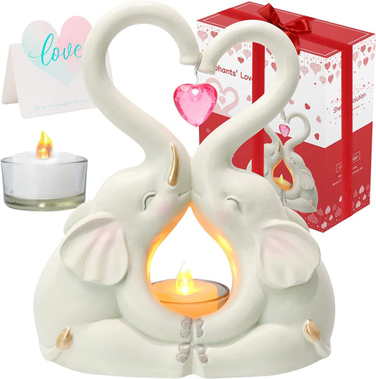 Elephants of love statue candle holder, color : White