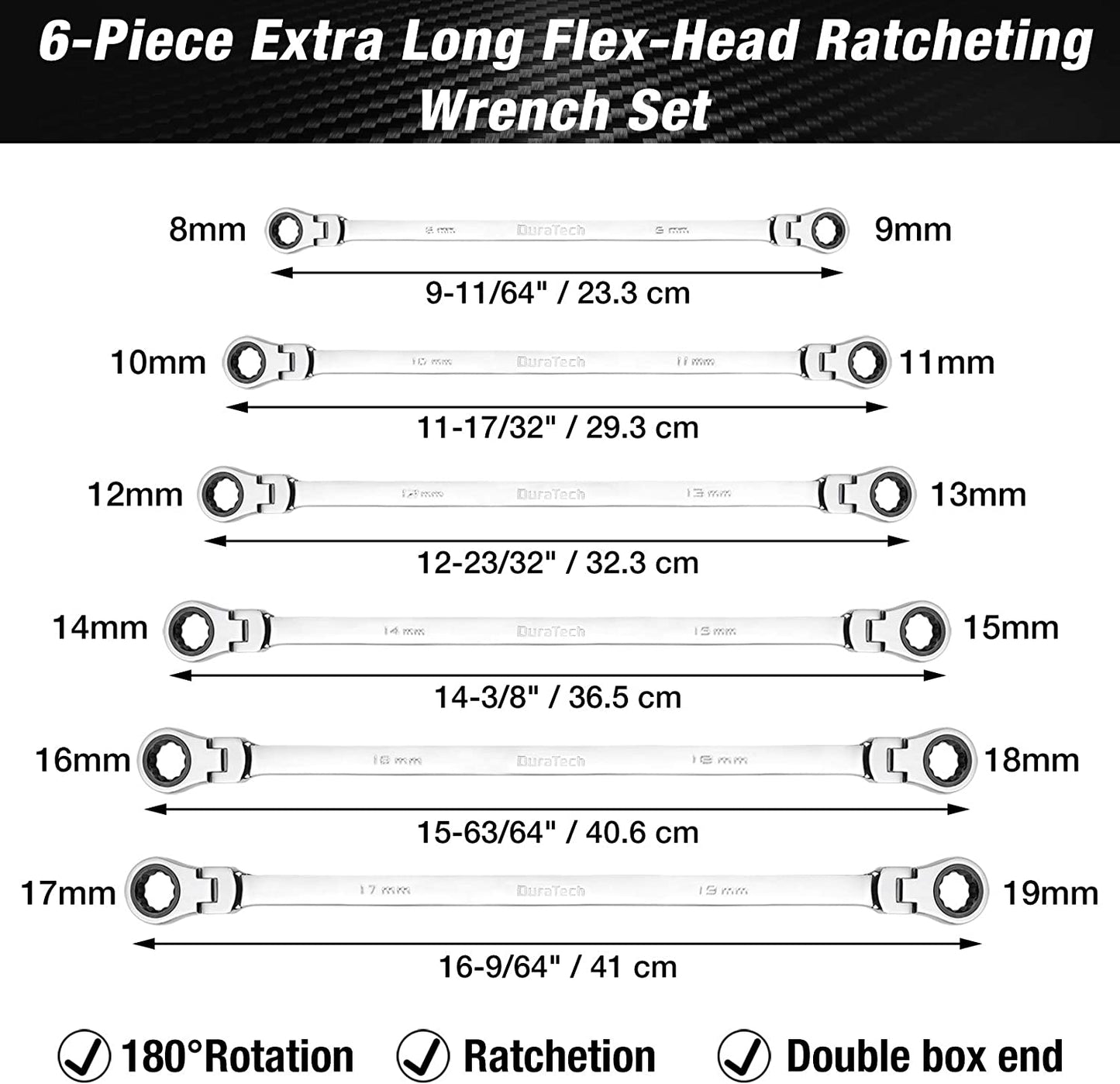 6 Piece Double Box End Ratcheting Wrench Set, 8-19mm