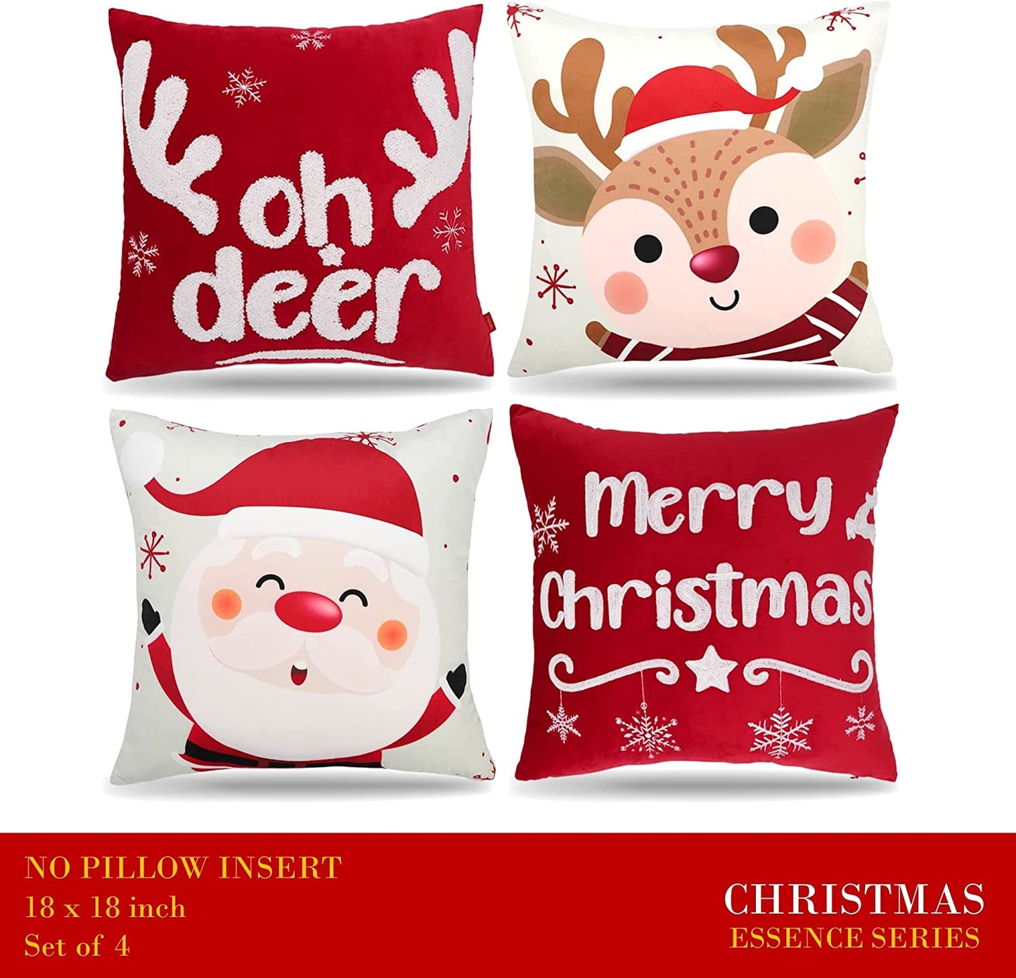 Set of 4 Christmas Embroidered Pillow Covers, 18" x 18", Deer