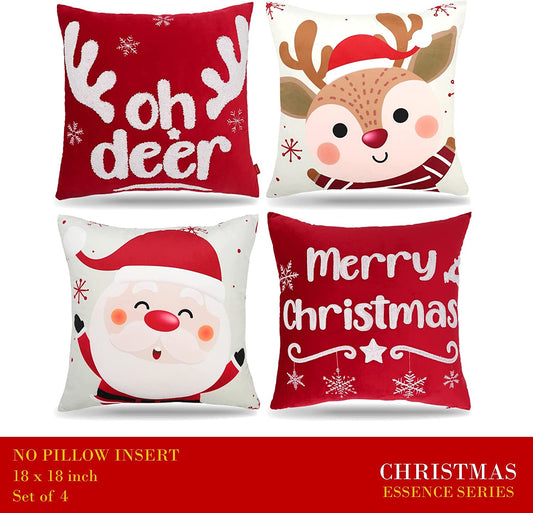 Set of 4 Christmas Embroidered Pillow Covers, 18" x 18", Deer