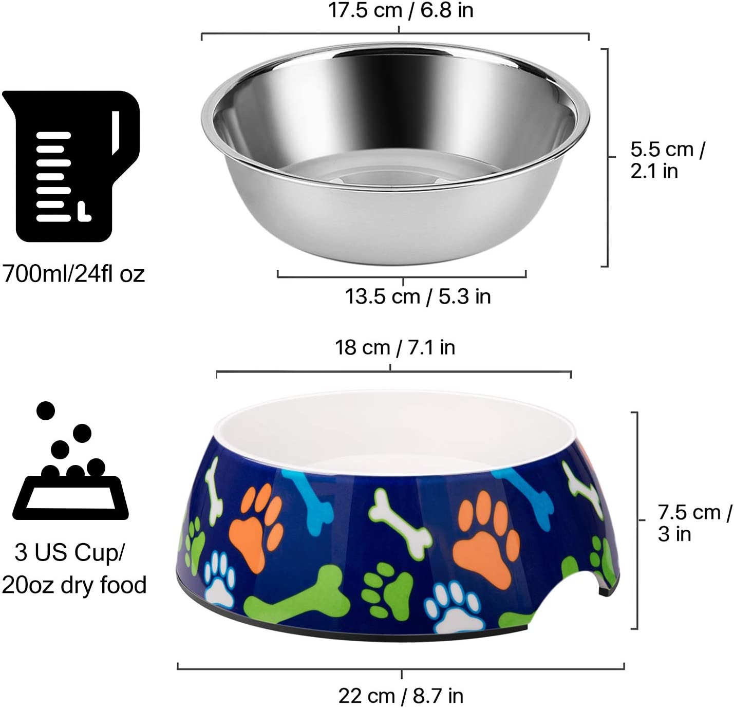 Stainless Steel Pet Bowl, 24 Fl Oz