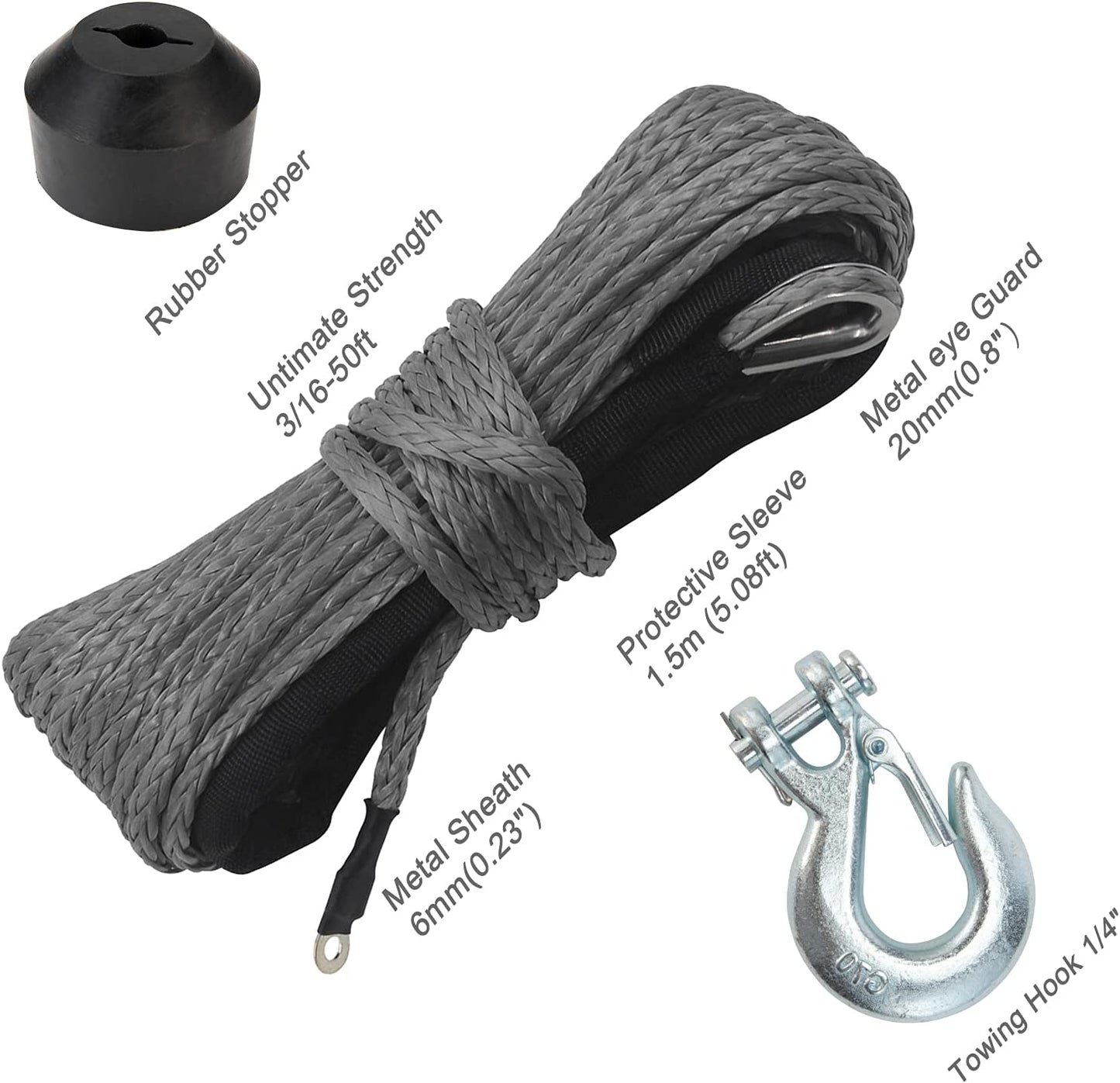 3/16" x 50' Nylon Synthetic Winch Rope (Grey)