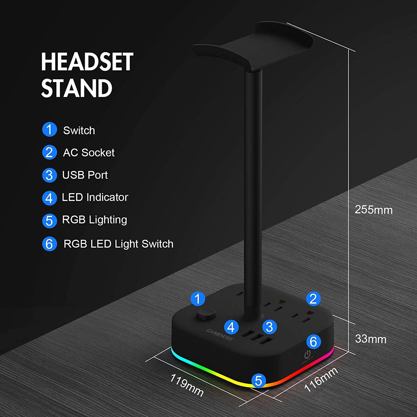 Headphone stand and power strip, black