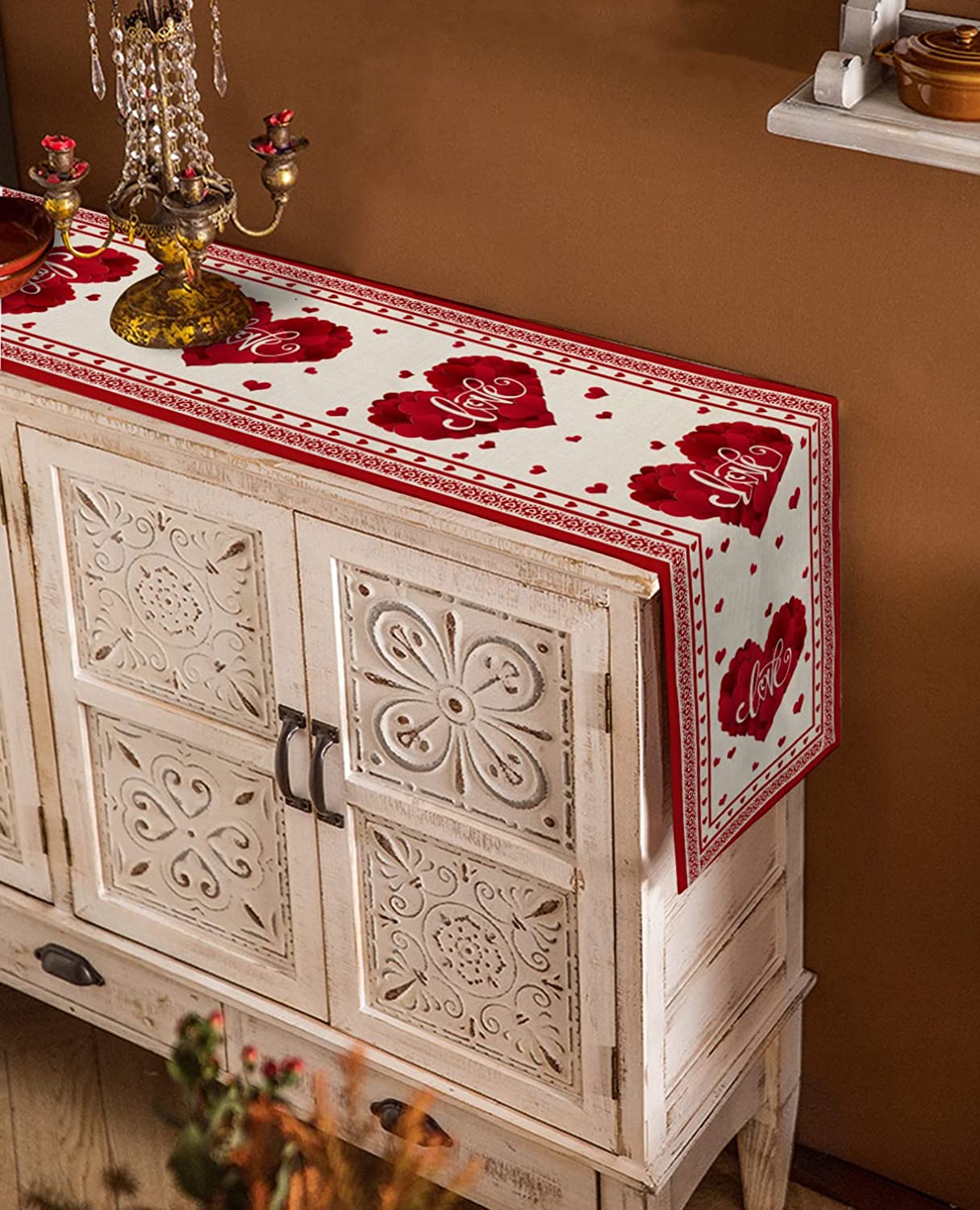 Valentine's Day Table Runner 13" x 90", Red Love Heart