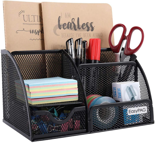 Mesh desk organizer with 6 compartments and 1 sliding drawer.