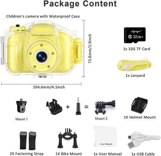 Underwater Camera for Kids, 2 Inch Screen with 32GB Card (Yellow)