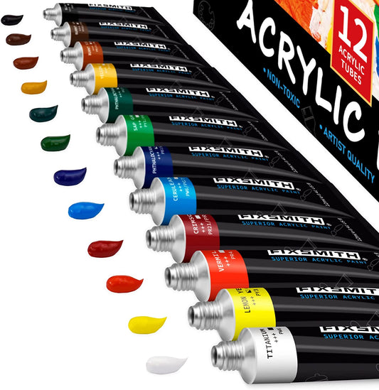 Acrylic Paint, Set of 12 Colors/Tubes (0.41oz, 12ml)