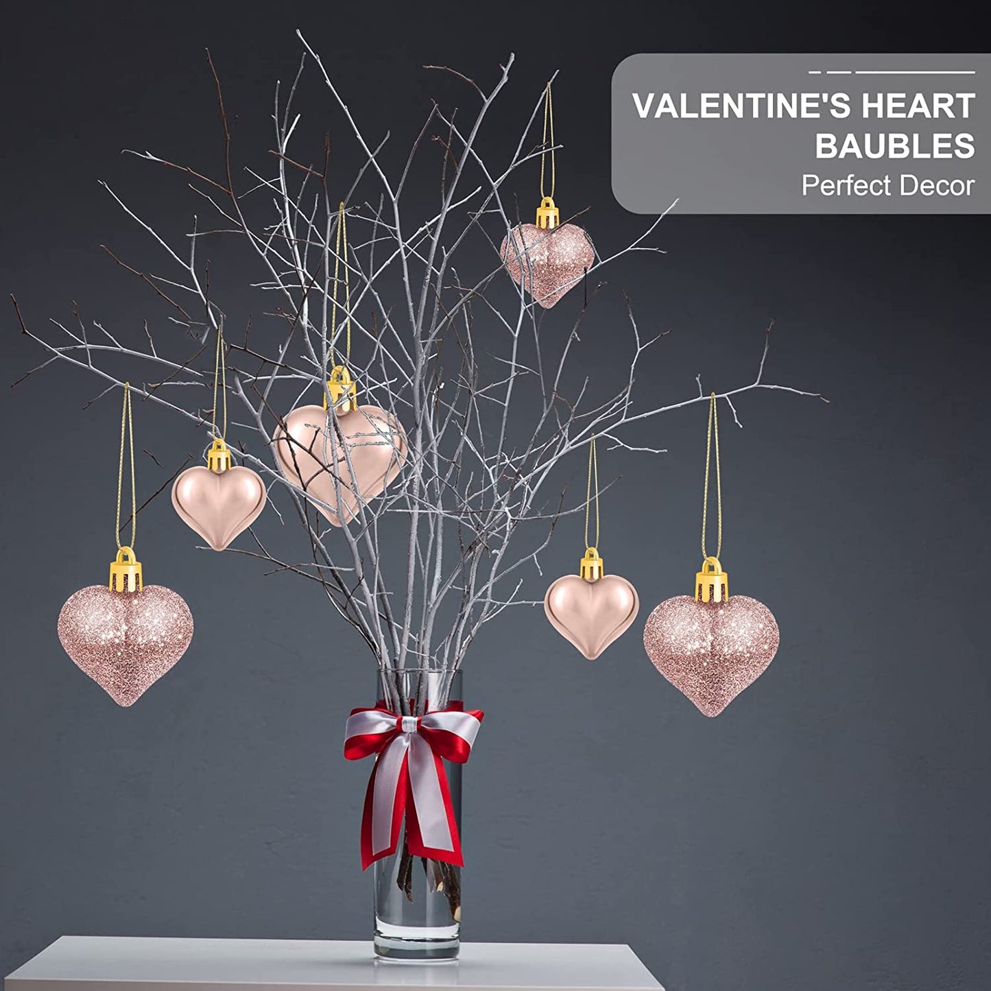 24 Pack, 2 Sizes of Valentine's Heart Shaped Ornaments, pink