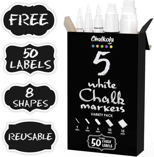 5 white erasable chalk markers (1, 3, 6, 10, 15 mm)