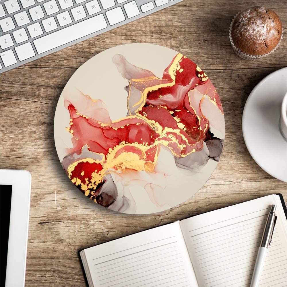 Round Mouse Pad, Color Red and White Marble