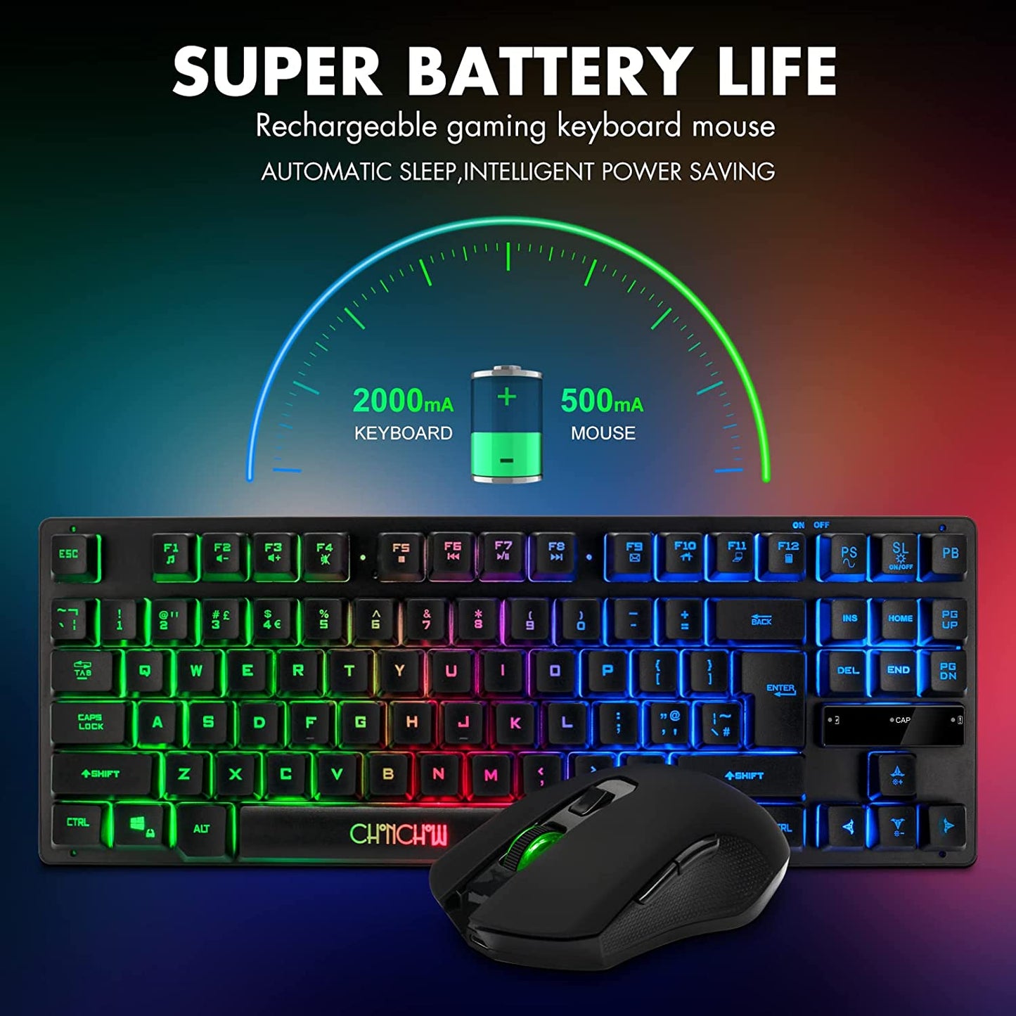 Wireless Gaming Keyboard and Mouse Combo, Rainbow