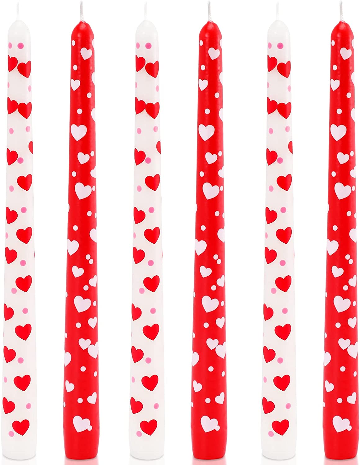 White and Red Heart Taper Candles, 10" Tall, Set of 6