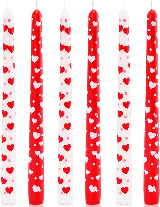 White and Red Heart Taper Candles, 10" Tall, Set of 6