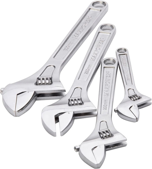 4 Piece Heavy Duty Adjustable Wrench Set, 6" 8" 10" 12", (Chrome)