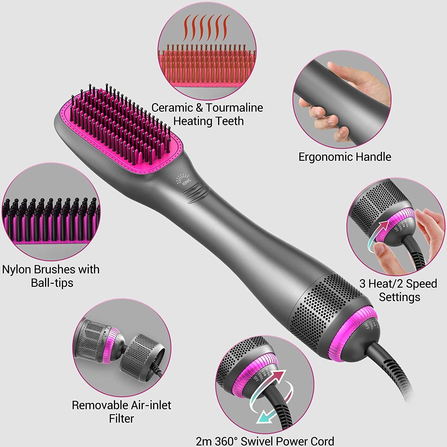 3-in-1 hair dryer brush, ceramic tourmaline, pink