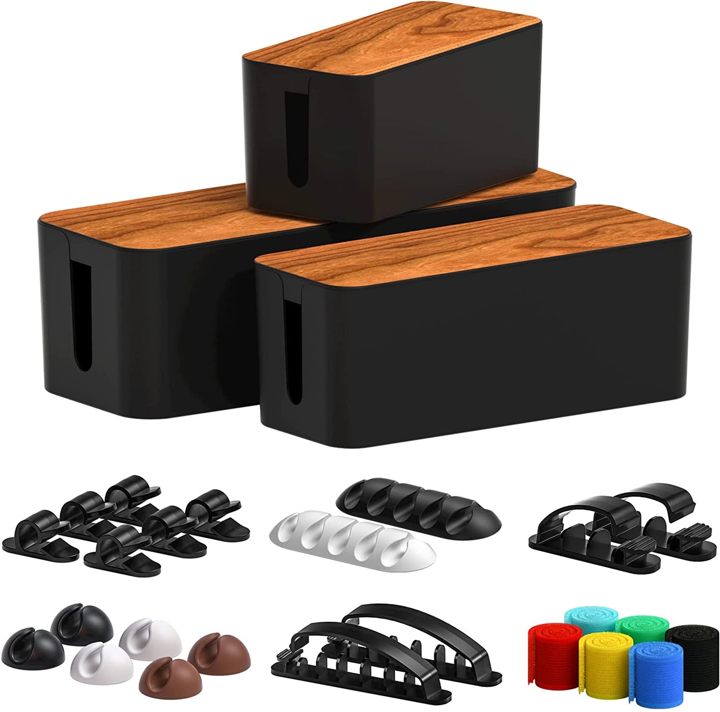 3-Pack Management Box with 16 Cable Clips, Black