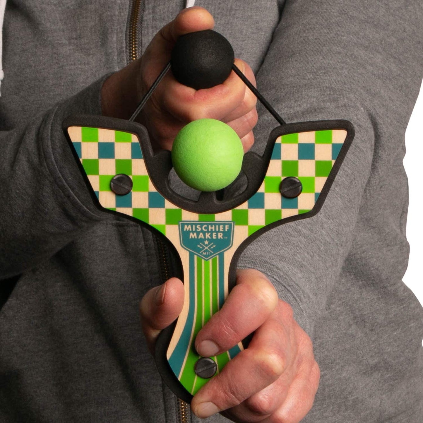 Wooden slingshot racing toy and foam balls, (green)