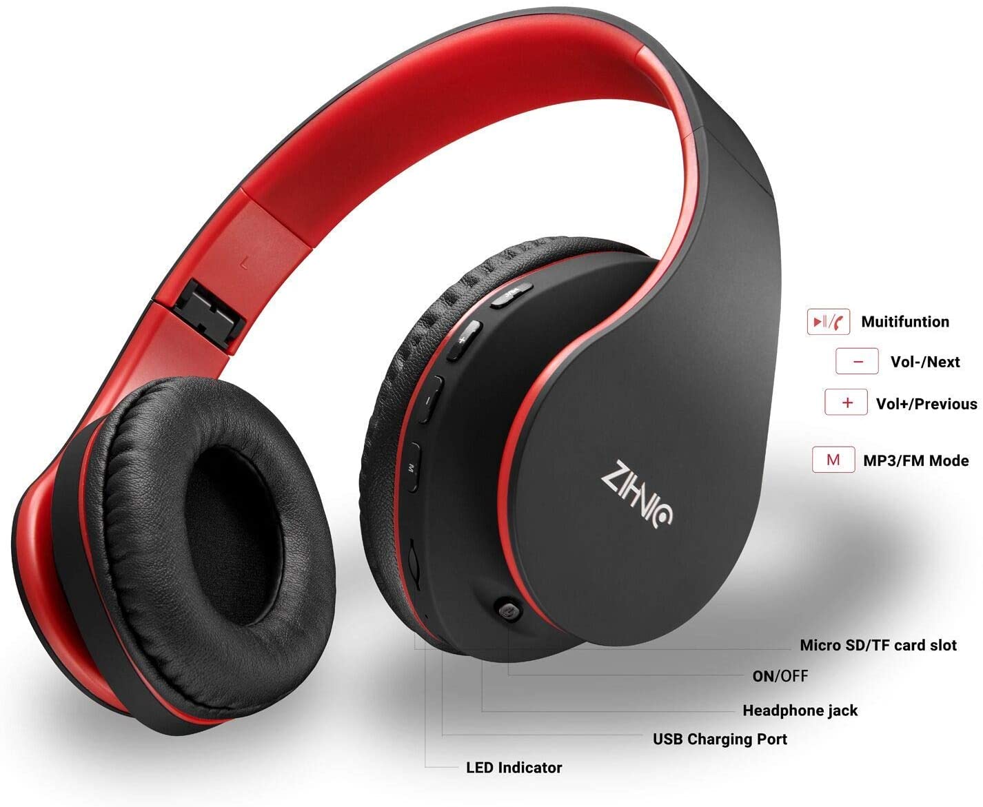 Bluetooth Headphones Over-Ear, Stereo (Black/Red)