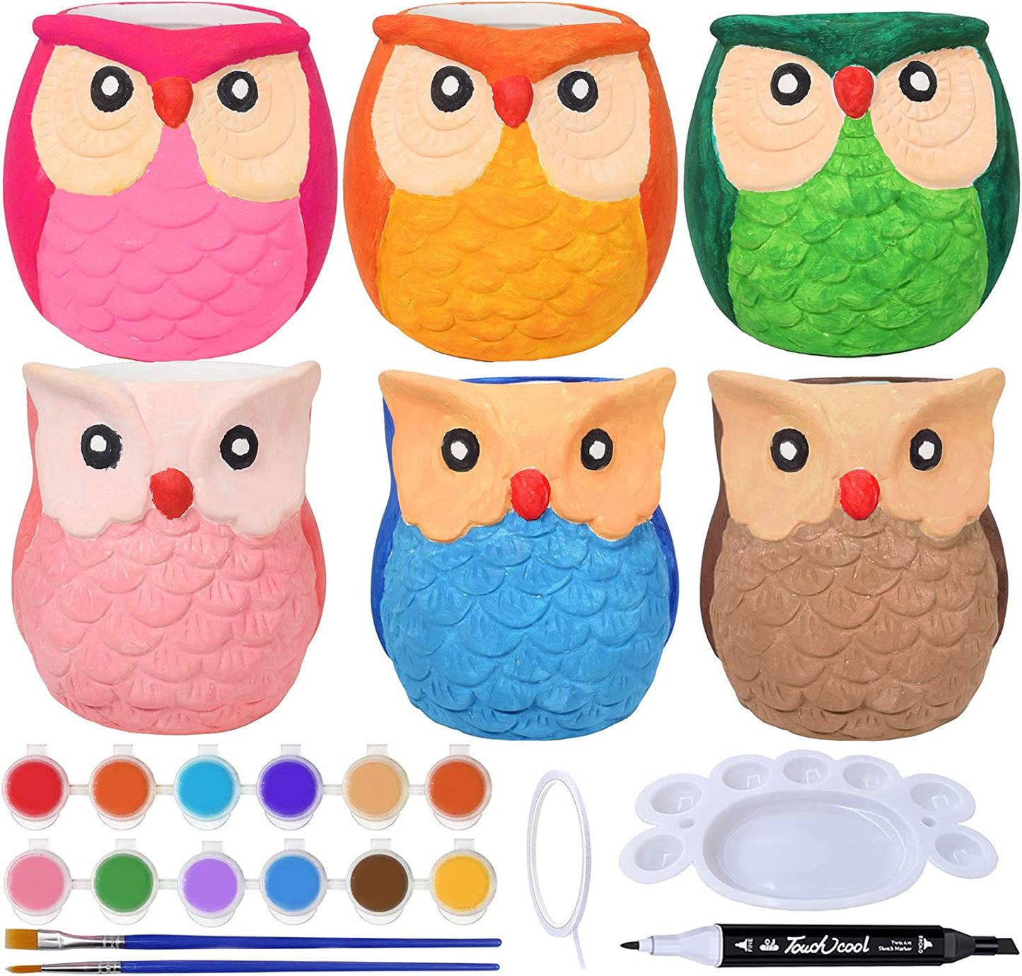 Unpainted Painting Owl Ceramic Flower Pots Craft Kit, 6 Pieces