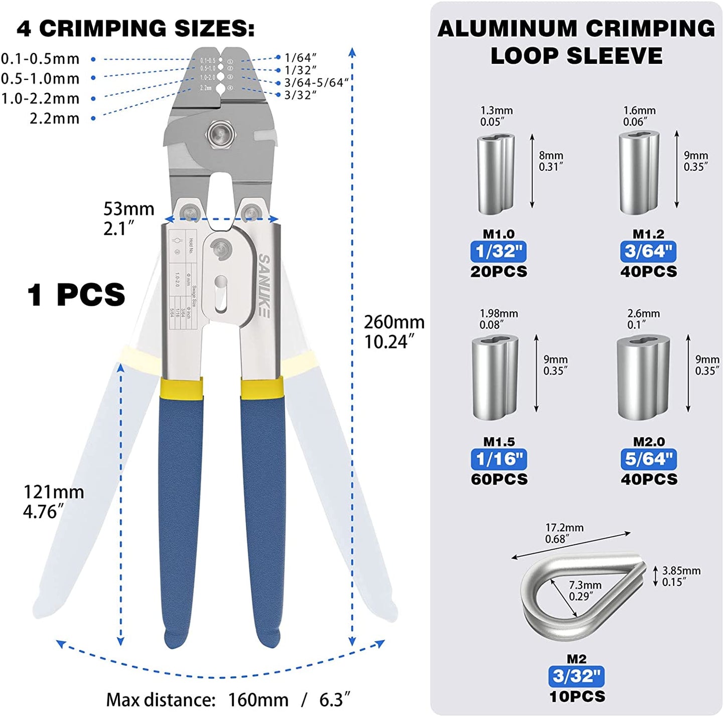 160 Steel cable crimping tool Crimps cables up to 2.2 mm