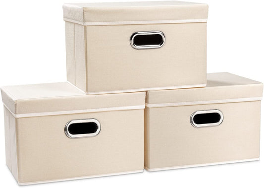 Pack of 3 Beige Fabric Collapsible Storage Boxes (14.9x9.8x9.8)