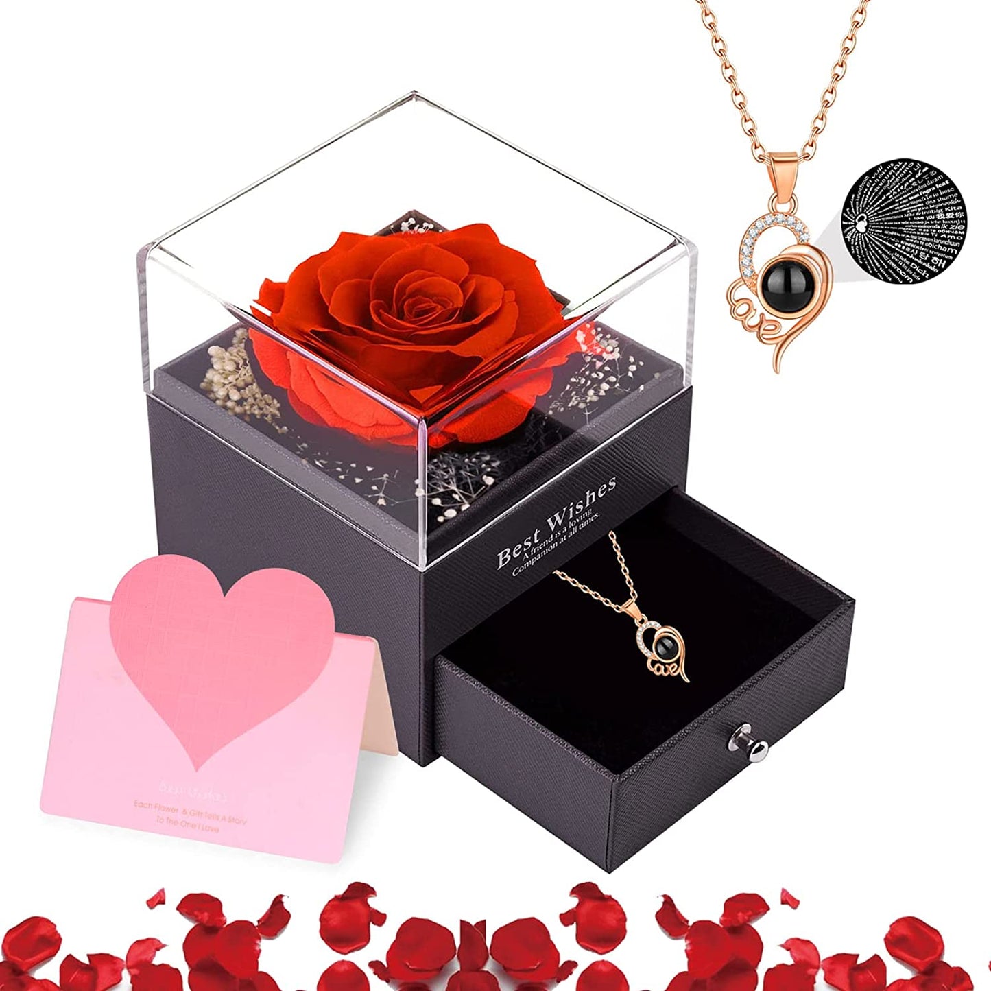 Real preserved rose with I Love You necklace, Red