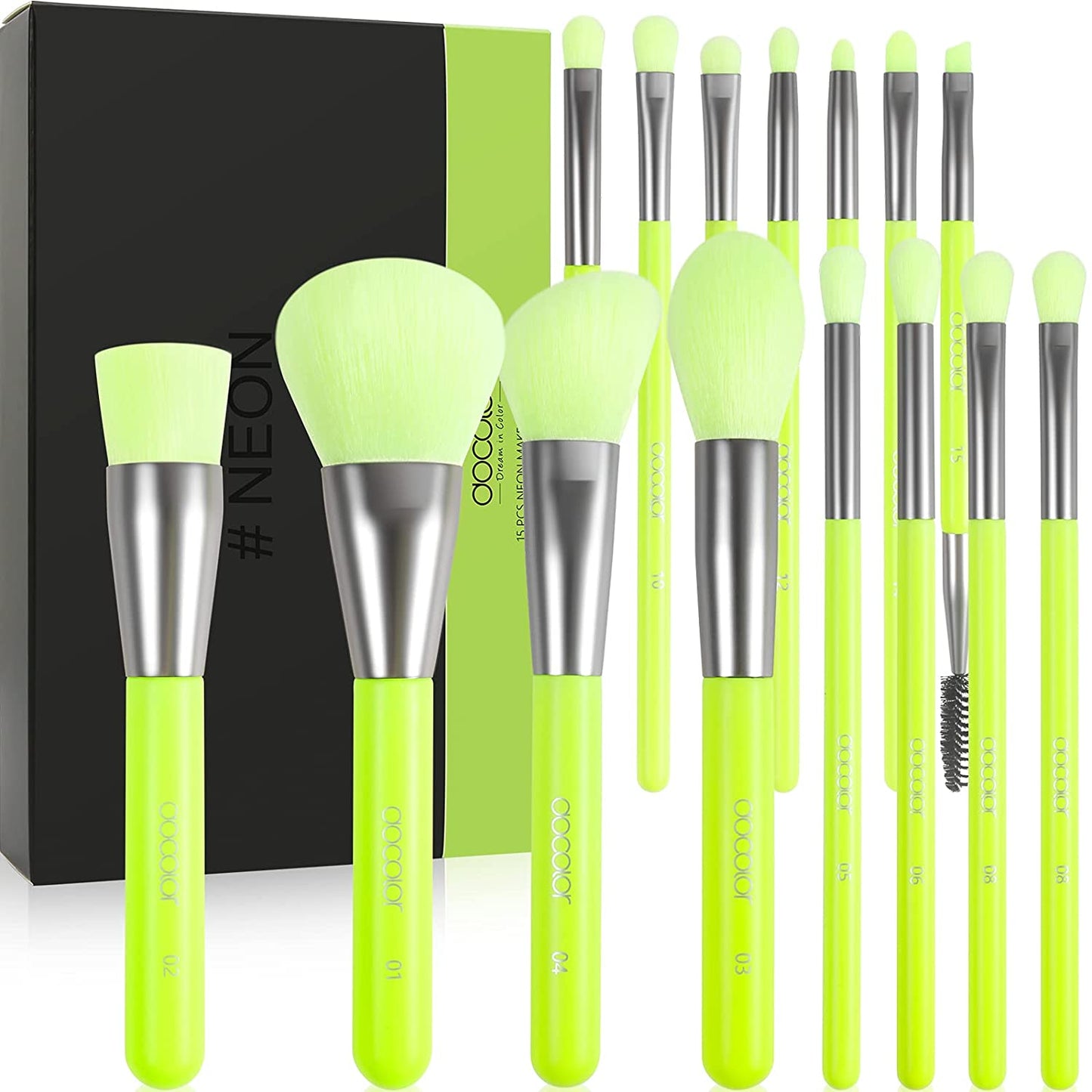 15Pcs Makeup Brushes, Neon Green