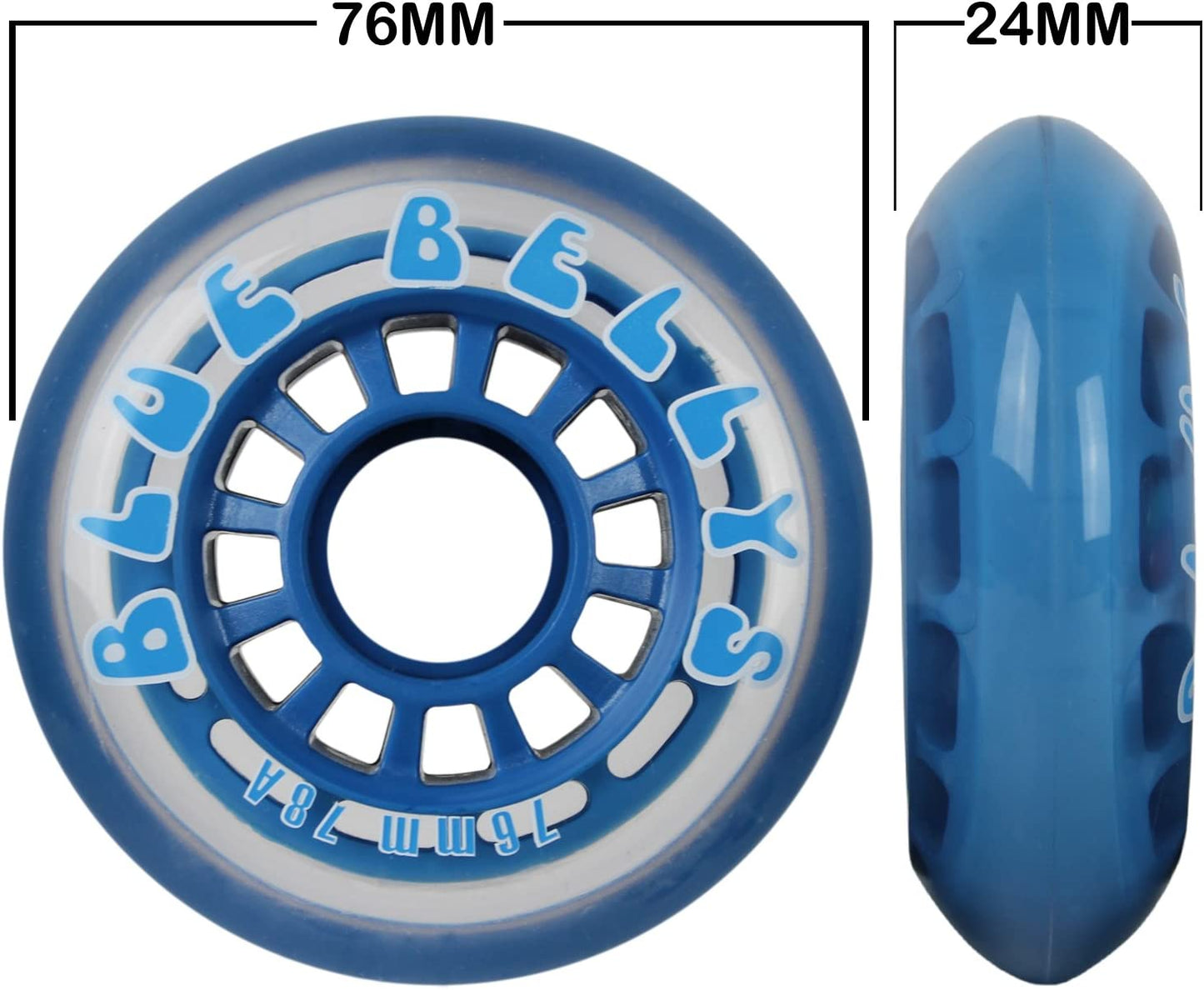 8 inline skate wheels 76 mm 78a, transparent/blue