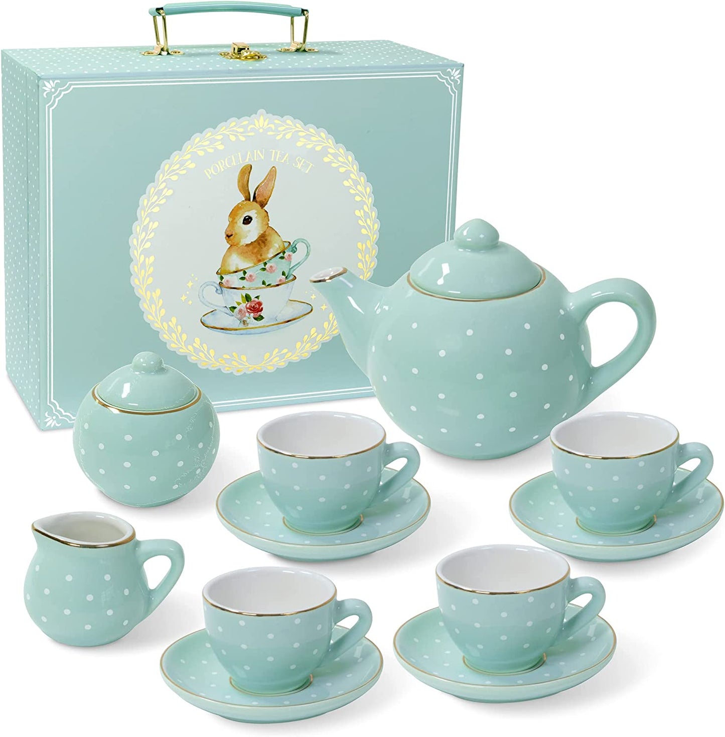 Blue Polka Dot Girls Porcelain Tea Set 13 Pieces