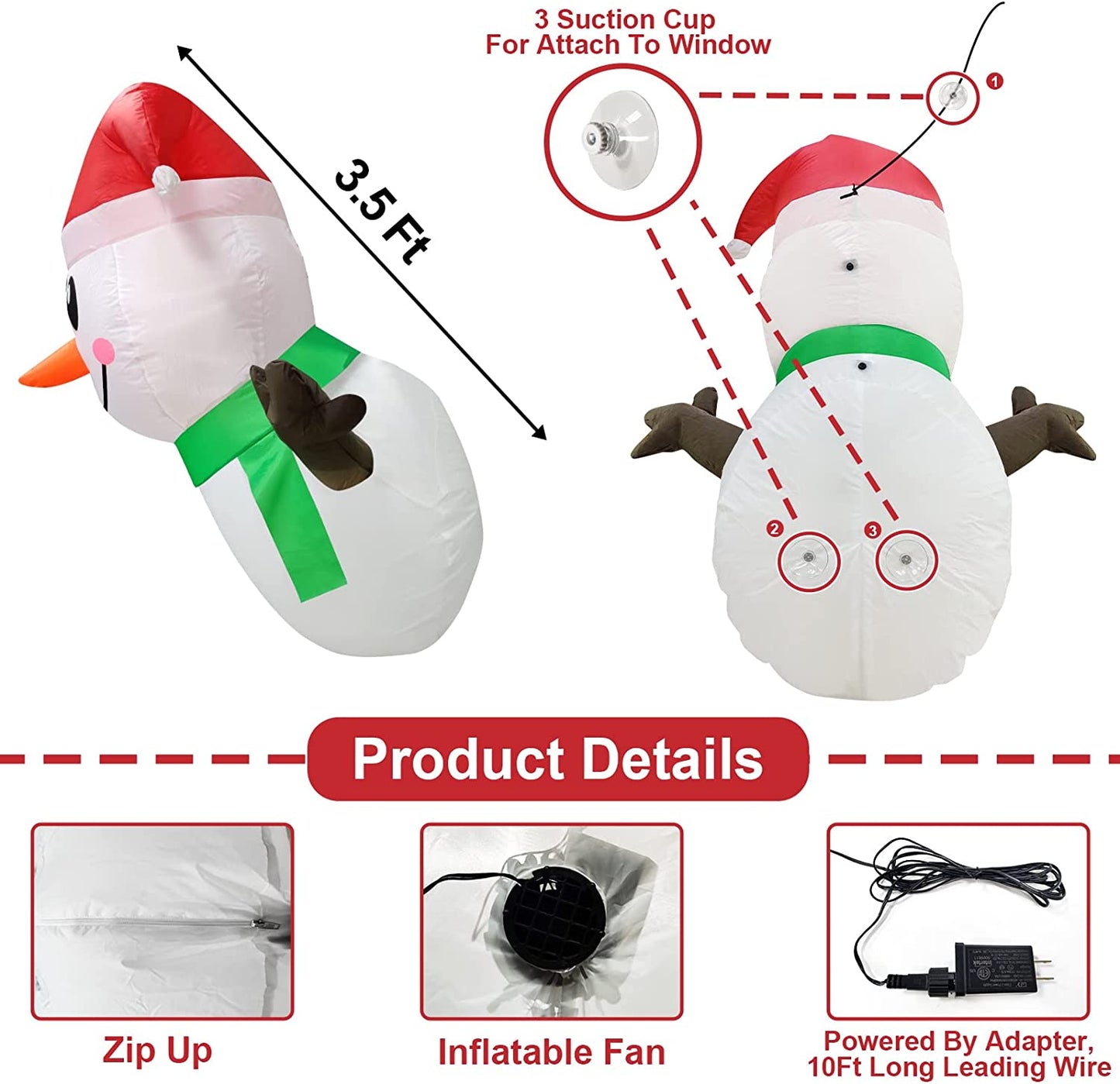 3.5ft Christmas inflatable with LED lights, Santa Snowman