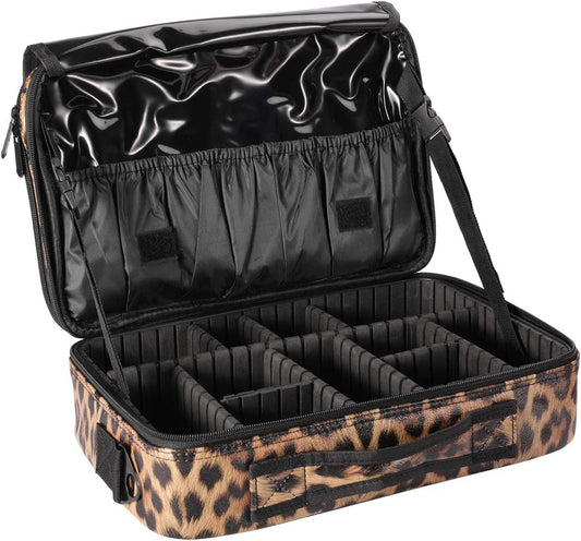 3-Layer Leopard Faux Fur Large Cosmetic Organizer Makeup Case