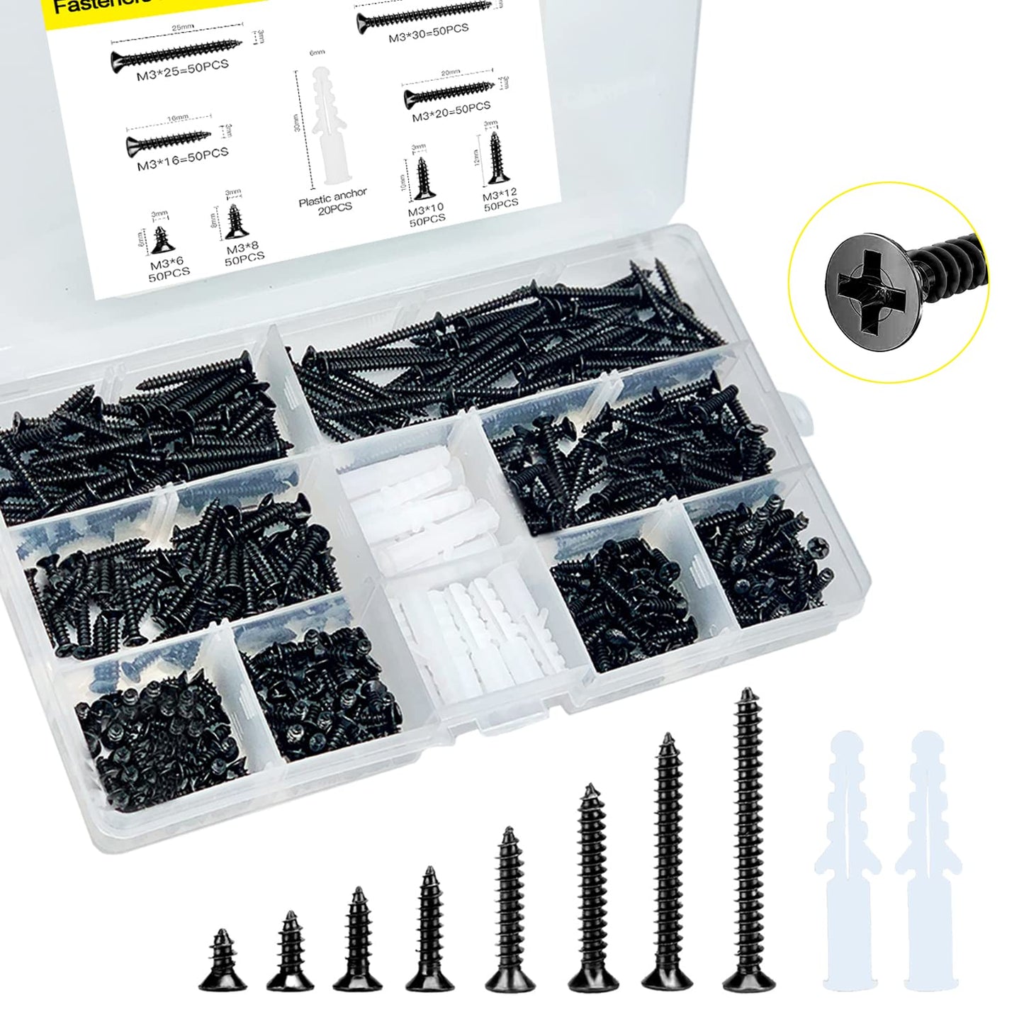 Wood Screw Assortment Kit, 400 Screws and 20 Anchors, (M3)