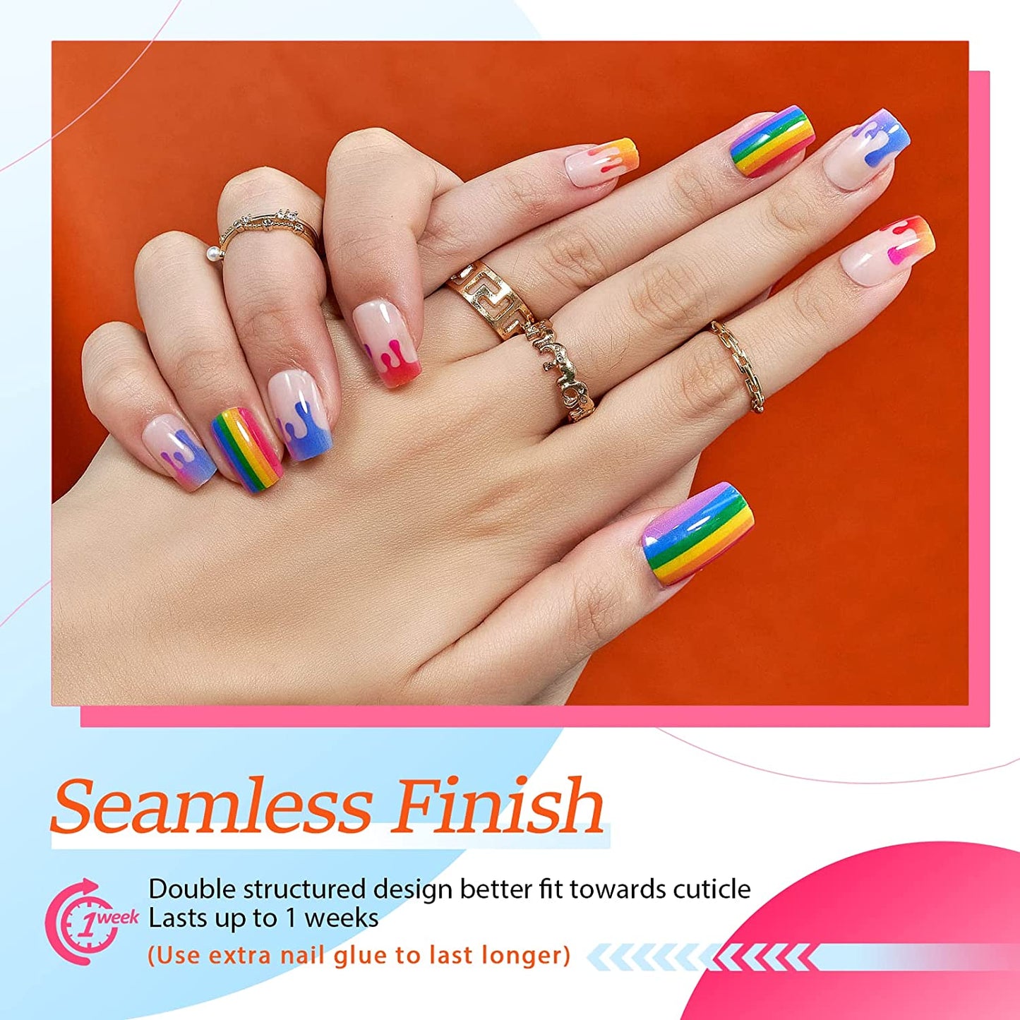 Cute Medium Short Square Rainbow Design False Nails 24 Pcs