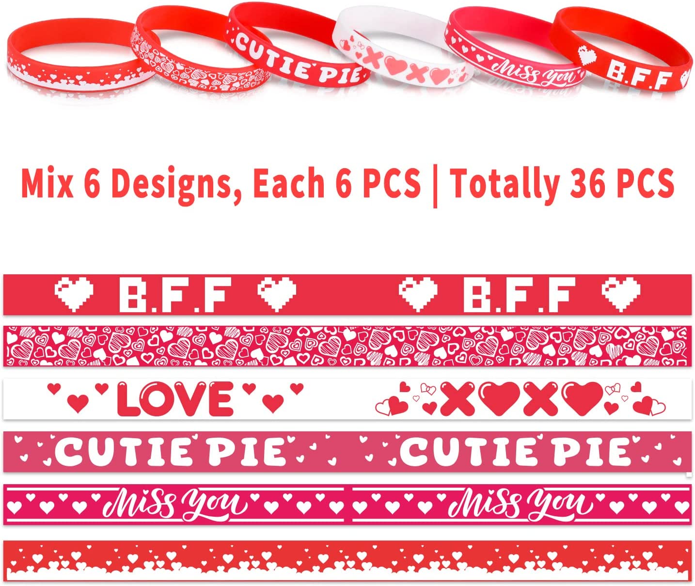 Valentine's Day Silicone Bracelets, Pack of 36, 6 Designs