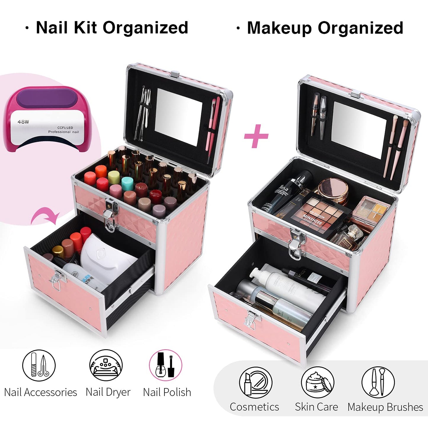 Box Makeup Train Case Nail Polish Cosmetic Storage, pink