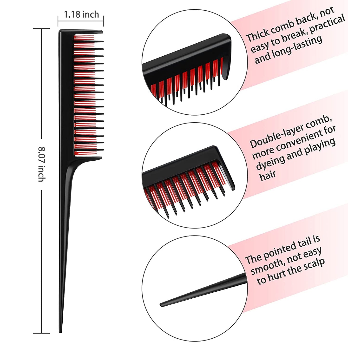 3-piece triple comb rat tail comb (black and red,  blue, pink)