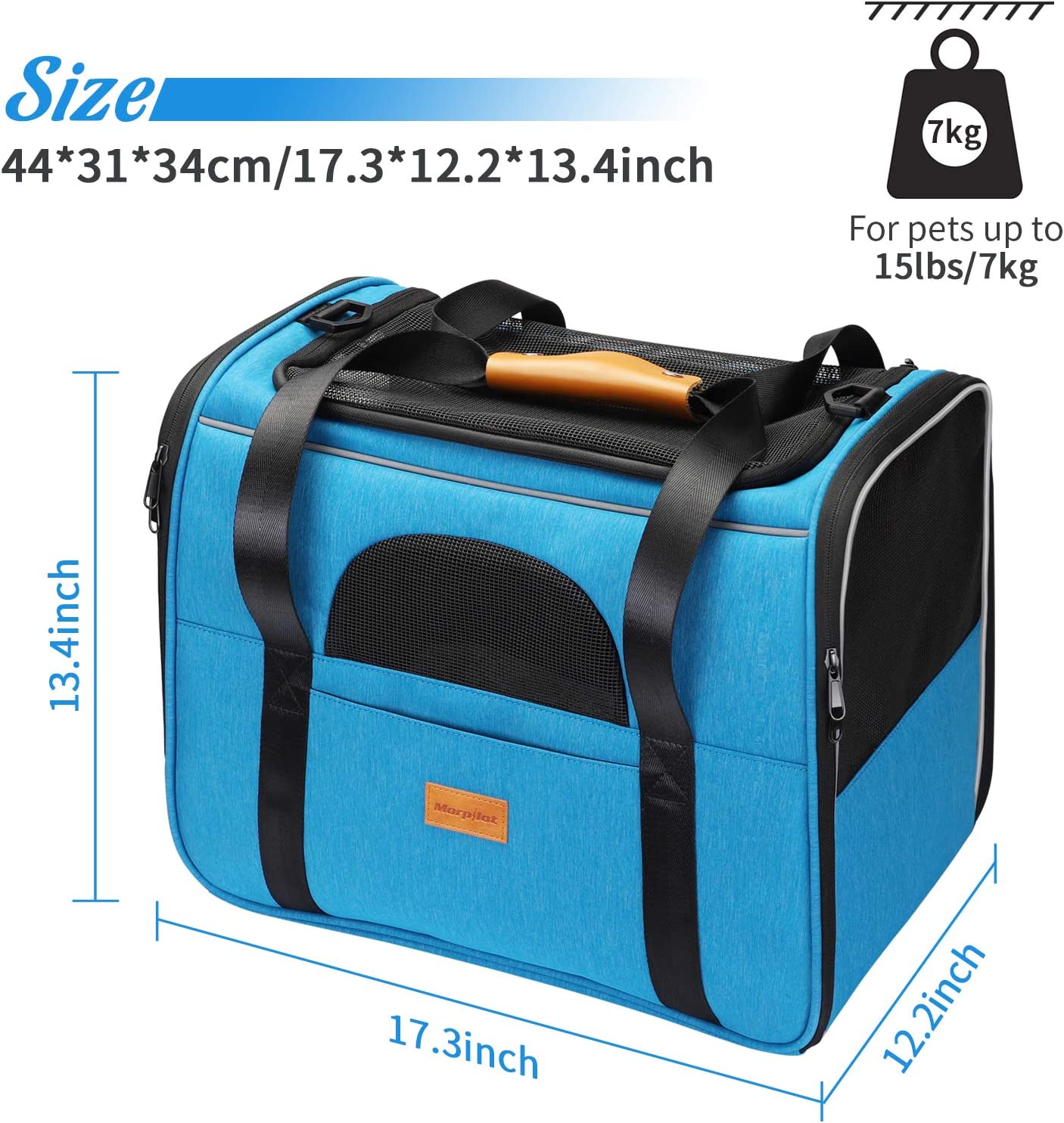 Pet Travel Carrier Bag,17.3*12.2*13.4inch, 15lbs, blue color