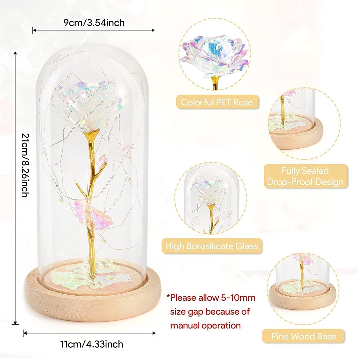 Rose in dome with LED light for Valentine's Day, Colorful