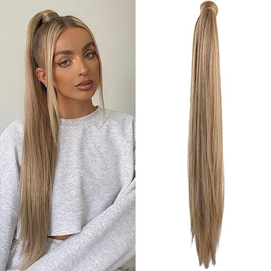 28" Ponytail Extension Color Ash Blonde with Golden Blonde