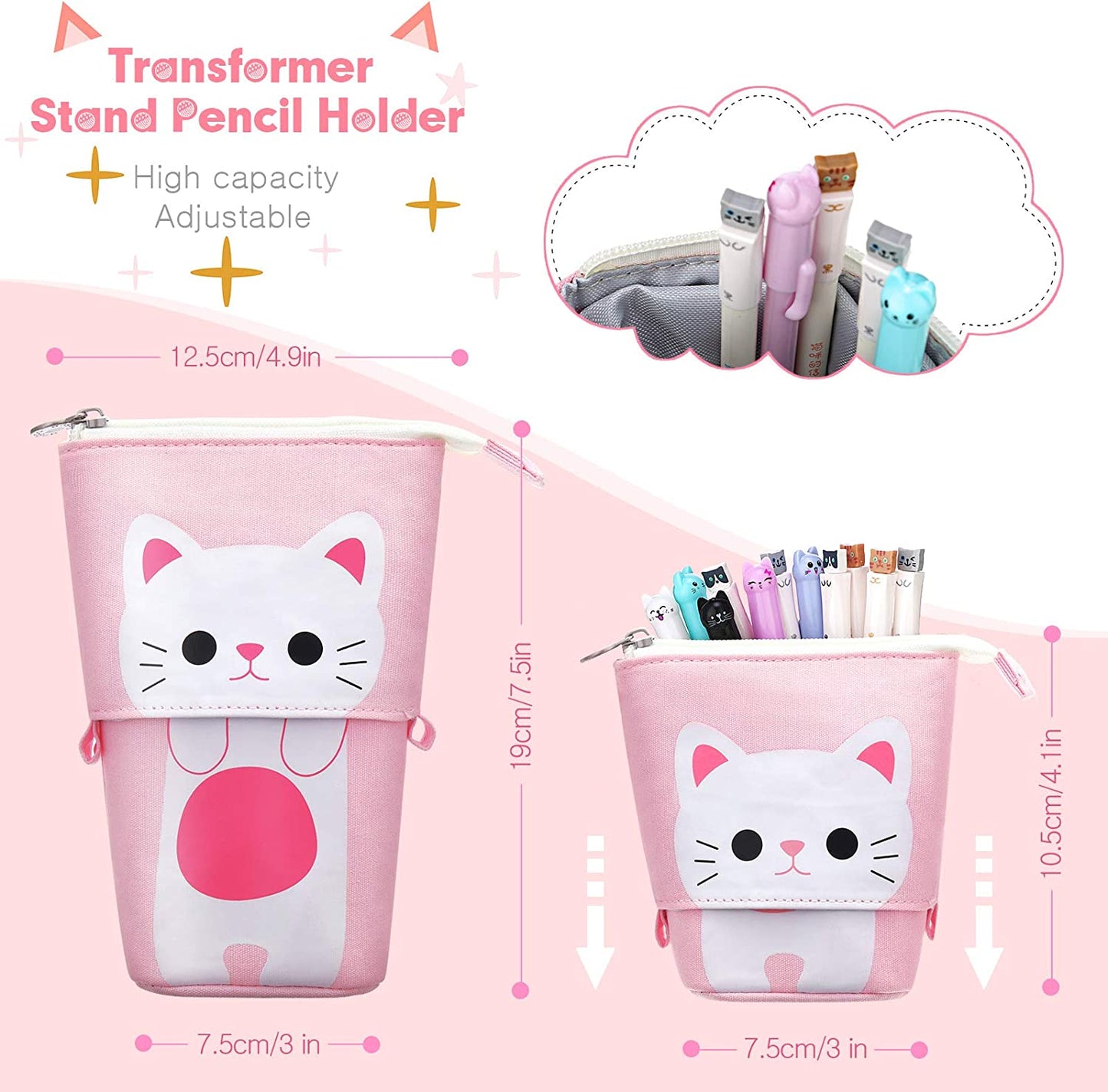 pencil holder, sticky notes, (pink cat style)