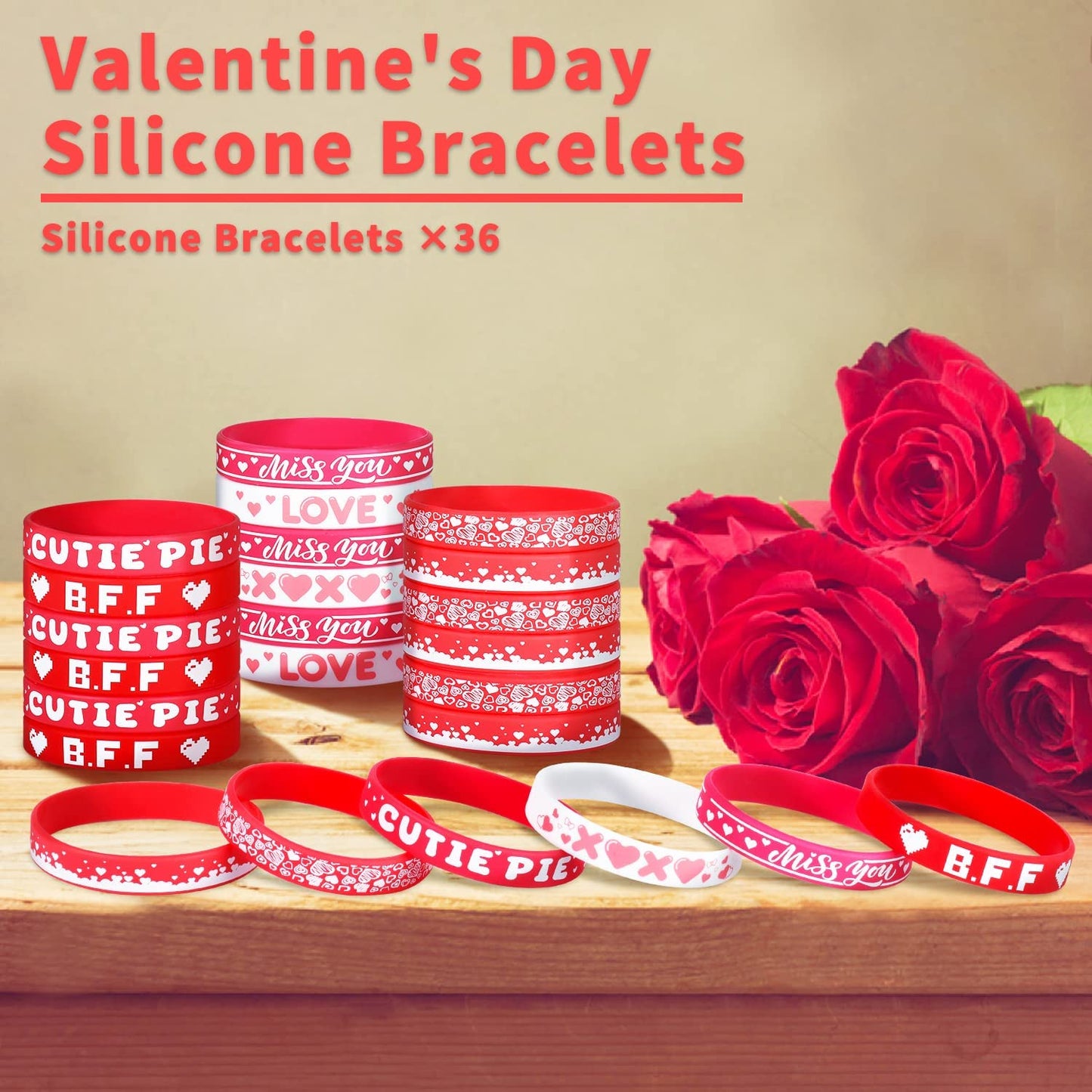 Valentine's Day Silicone Bracelets, Pack of 36, 6 Designs