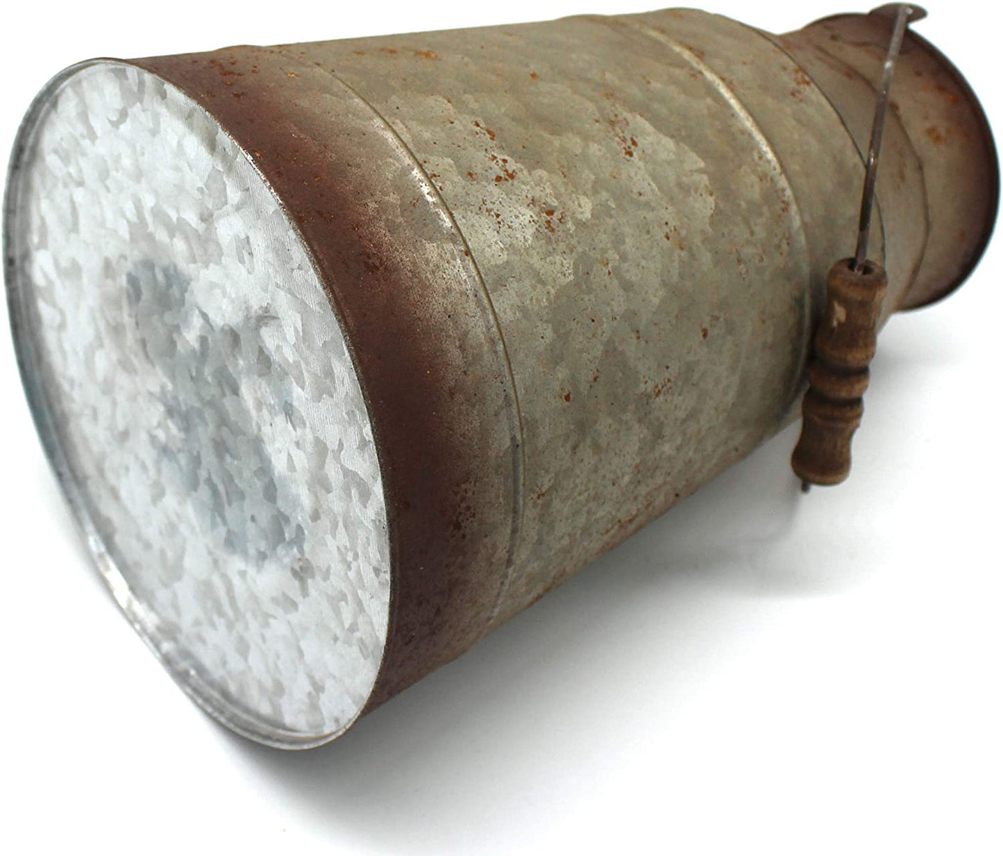 10 inch galvanized metal milk can with wooden handle