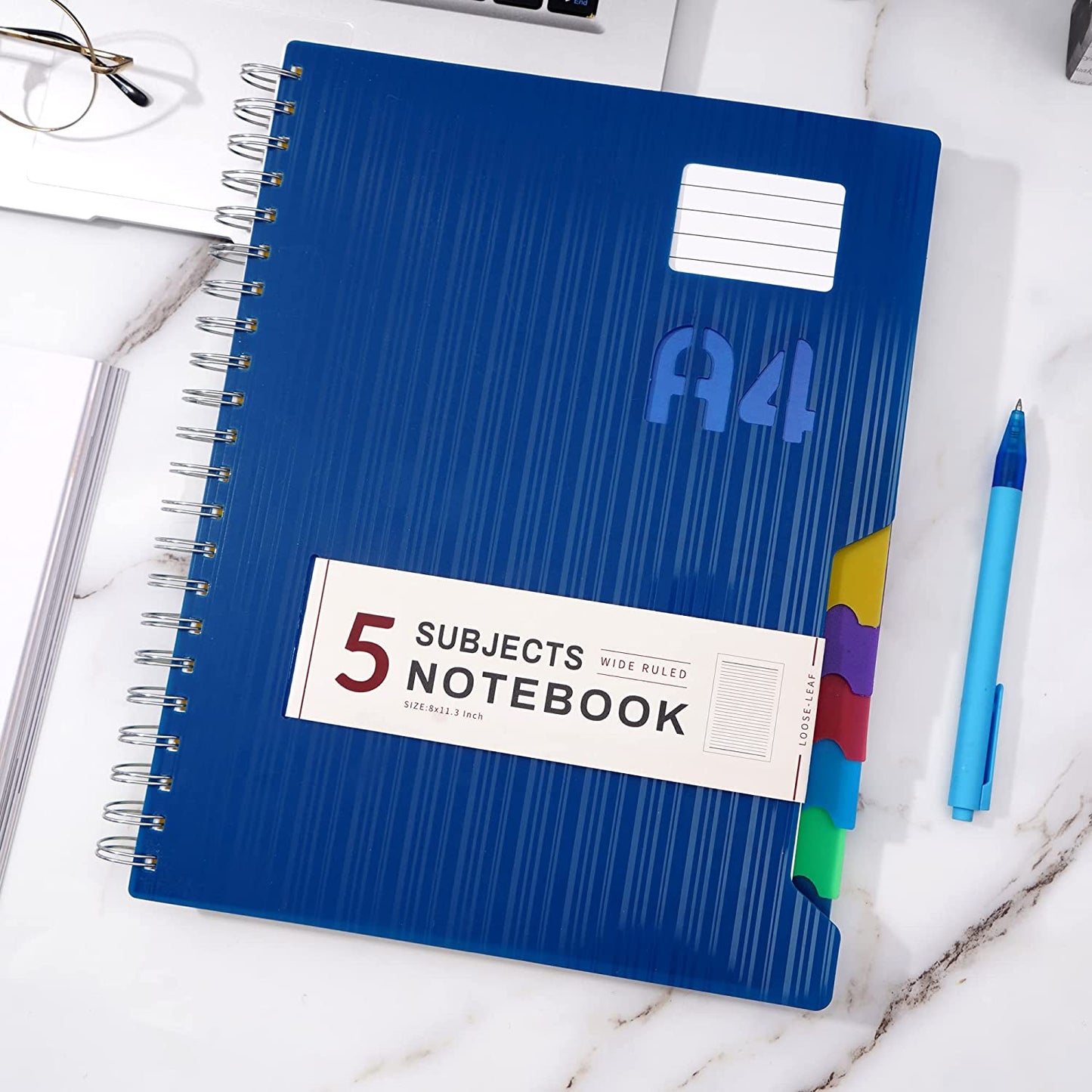 5 Subject Spiral Notebook, Ruled, 262 Pages, 8" x 11.3", Blue