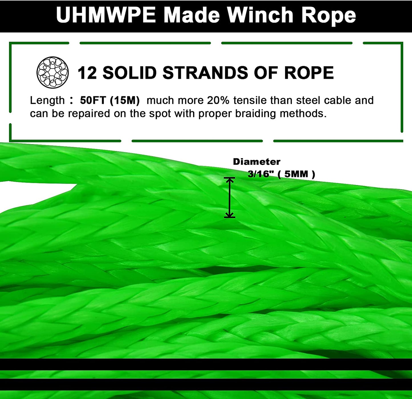 3/16" x 50 ft Synthetic Winch Rope (Green)