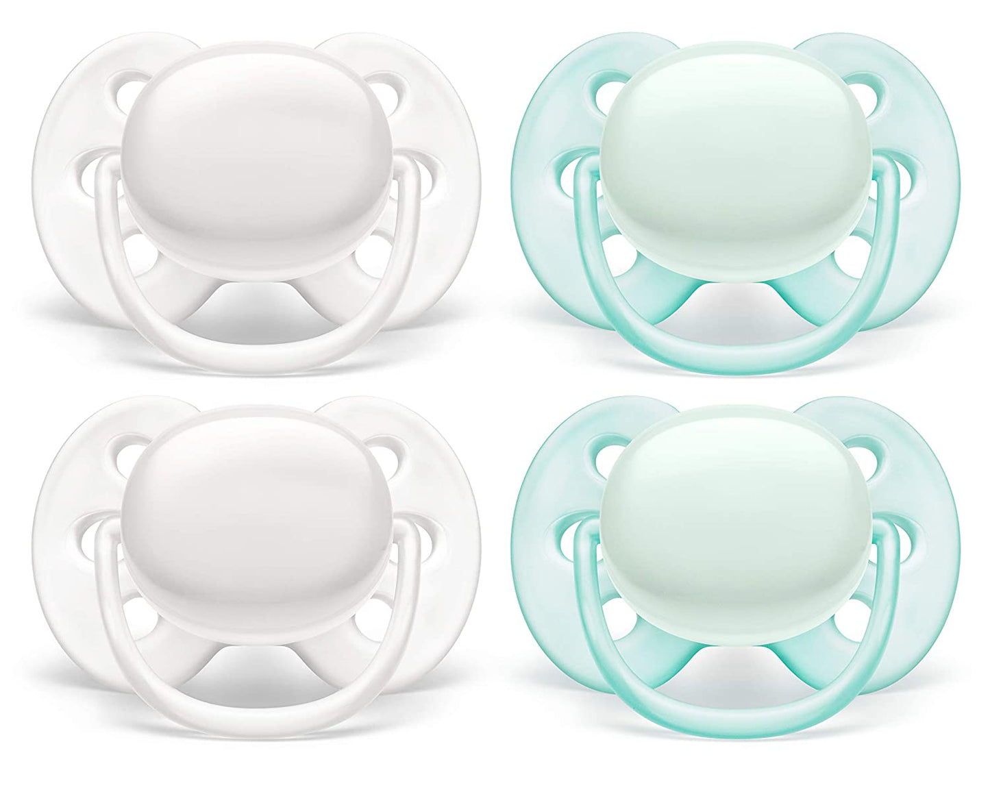 4 Pack Ultra Soft Pacifiers, 0-6 Months, (White/Green)