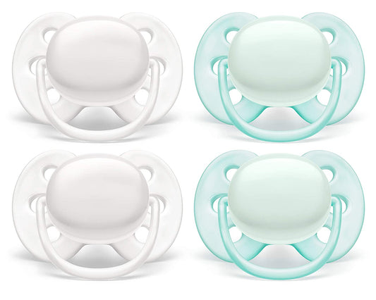 4 Pack Ultra Soft Pacifiers, 0-6 Months, (White/Green)