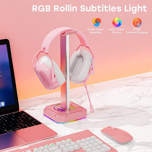 Headphone Stand with Three Ports and 9 Types of Lighting (Pink)