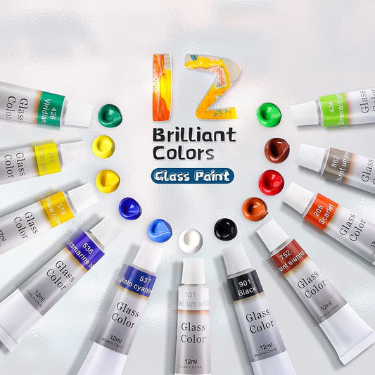 Stained glass painting kit with 12 colors, 3 brushes, 1 palette